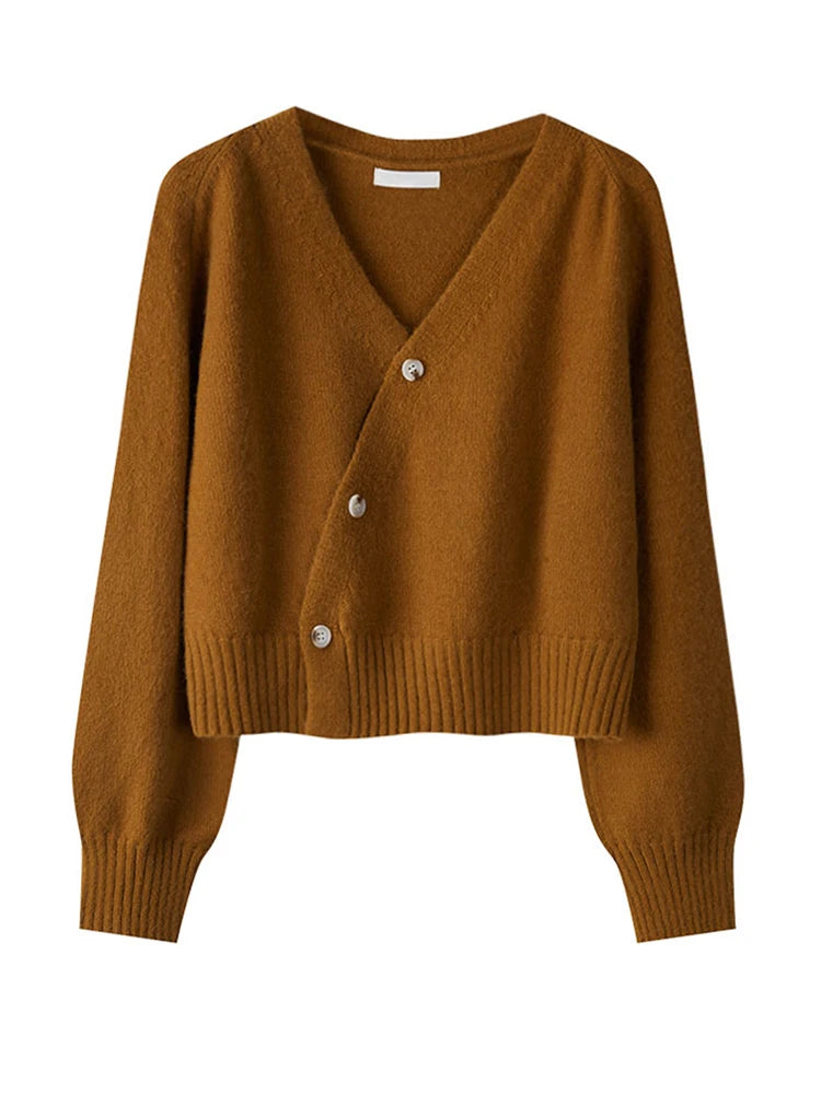 Women's Autumn V-Neck Cashmere Blend Cardigan – USA-Made Loose Knit Sweater