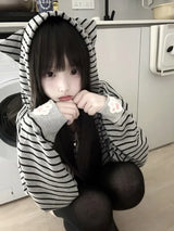 Women's Striped Cat-Ear Zip-Up Hoodie