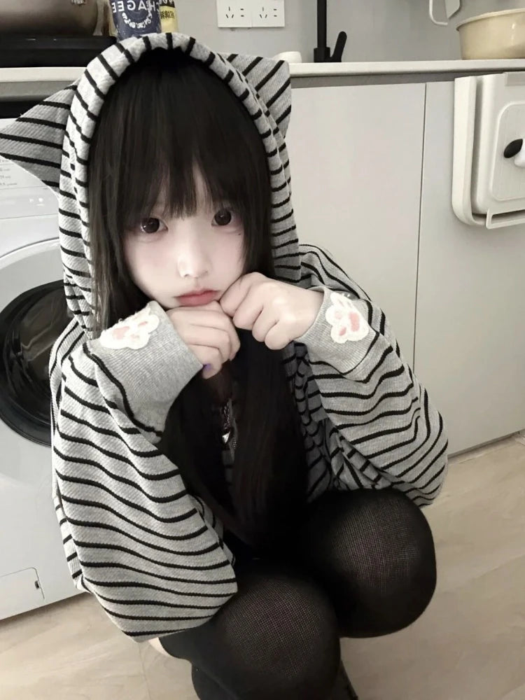 Women's Striped Cat-Ear Zip-Up Hoodie