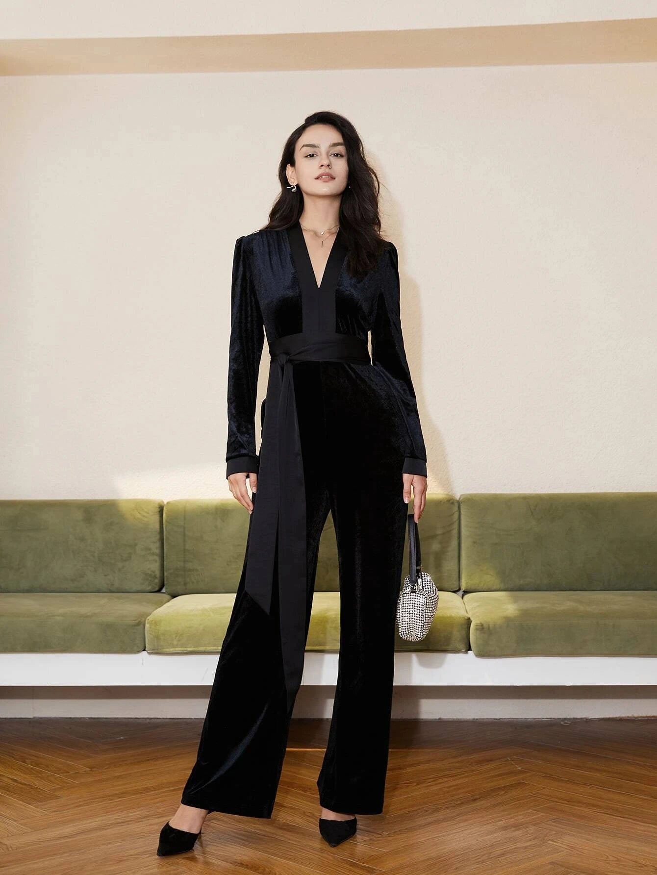Elegant V-Neck Belted Velvet Jumpsuit – High-End Office & Evening Wear