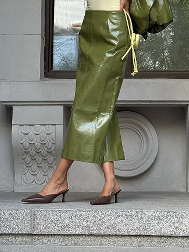 Vintage Green Leather Skirt Sets Women Fashion Solid Strapless Short Skirts Zipper Jacket Outfits Lady Daily Highstreet Outfits