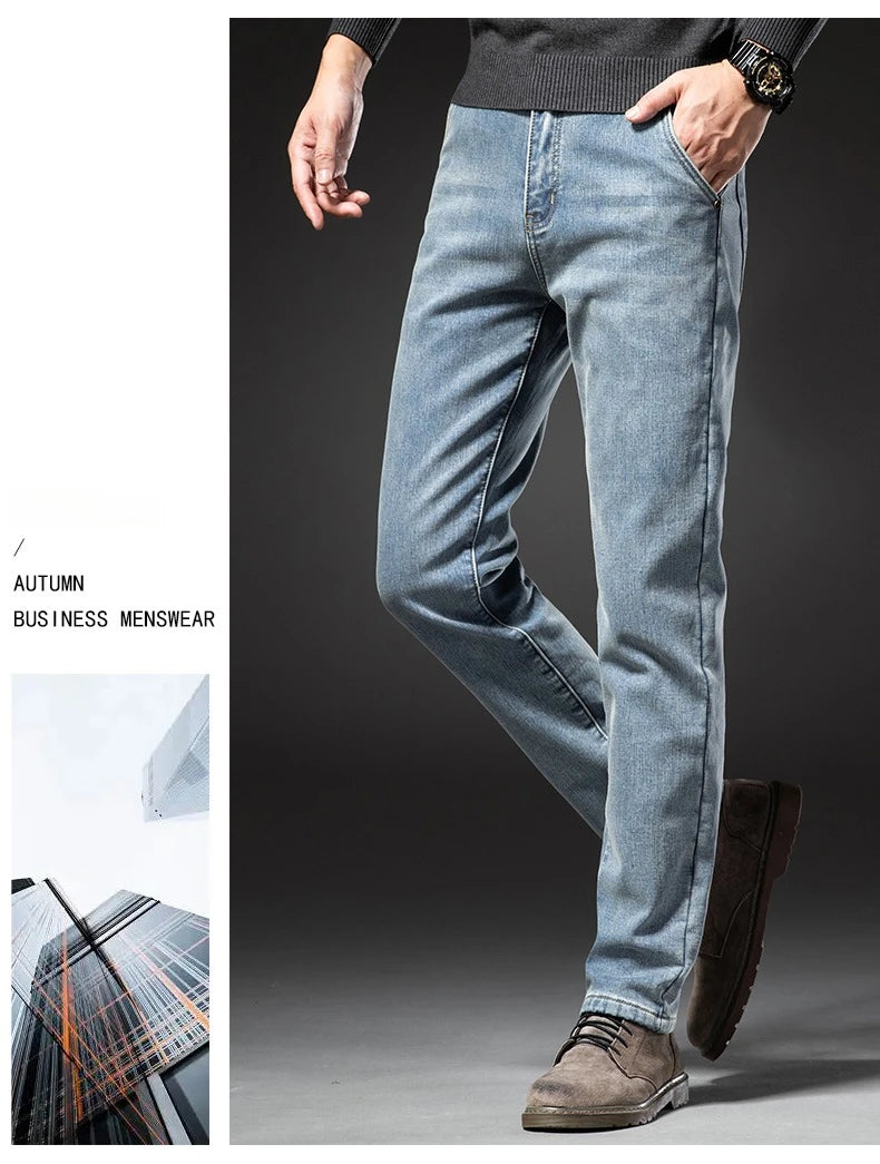 2025 Winter New Men's Fleece Thickened Jeans Retro Blue Hot Straight Casual Pants Stretch Premium Velvet Warm Denim Pants