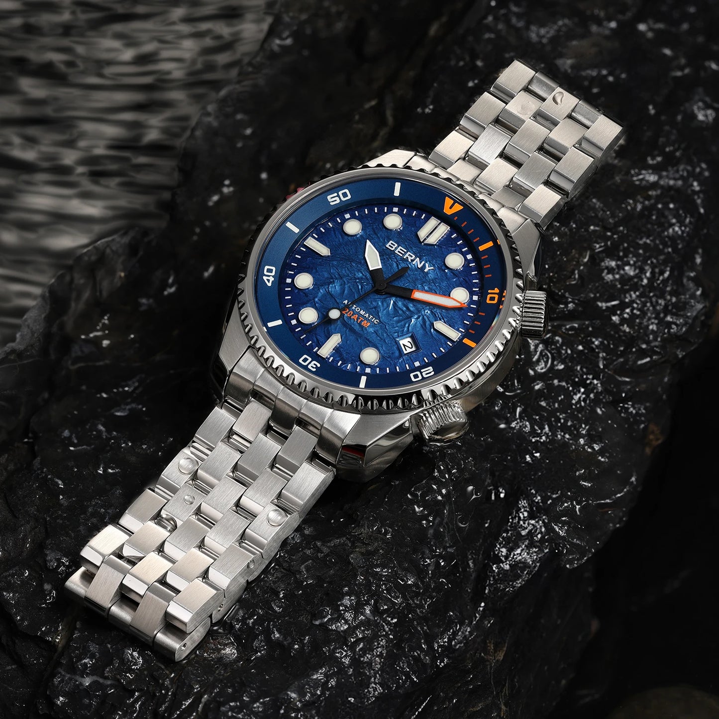 BERNY Automatic Diver Watch for Men Top Luxury Sapphire 316L Steel New Wave Dial 200M Waterproof Mechanical Diving Men's Watches