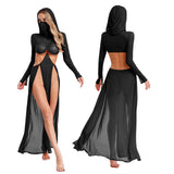 Women’s Hooded Mask Sheer Maxi Dress