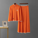 American-Made Luxury: Women’s Two-Piece Embroidered Wool Knit Jacket & Skirt Set