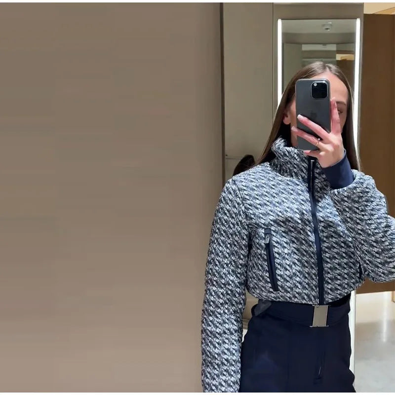 Elegant Geometric Print Ski Jumpsuit - High-Waist Winter Romper