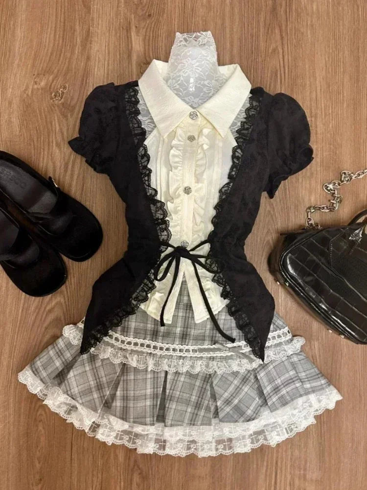 Japanese Sweet Preppy Style Skirt Set Women Kawaii Lace Patchwork Bow Tops + Y2k Plaid Mini Skirt Elegant Outifits 2 Piece Set