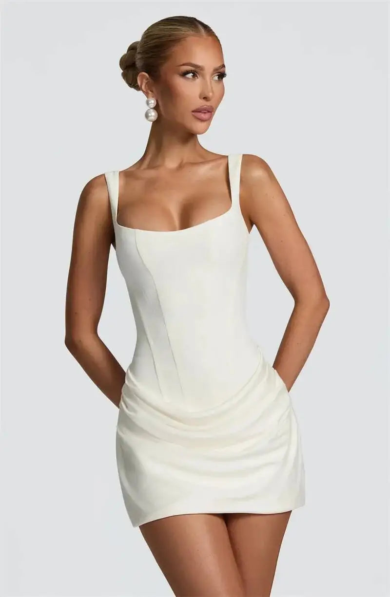 Elegant Backless Ruched Mini Dress | Chic Square Collar Club & Party Wear