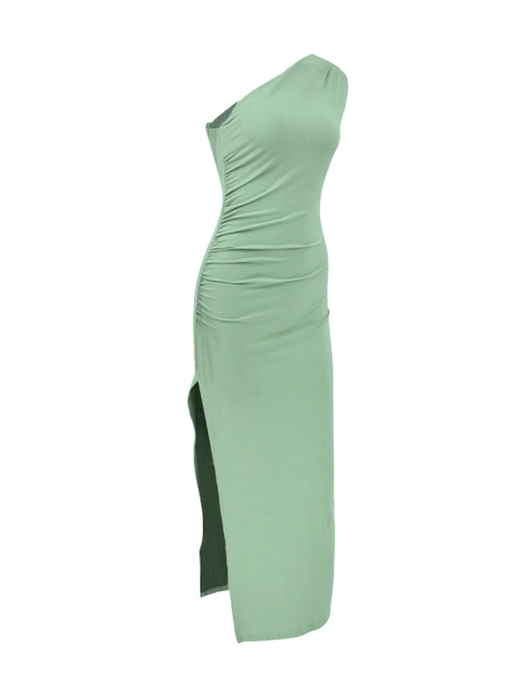 Women's One-Shoulder Sleeveless Backless Split Midi Dress