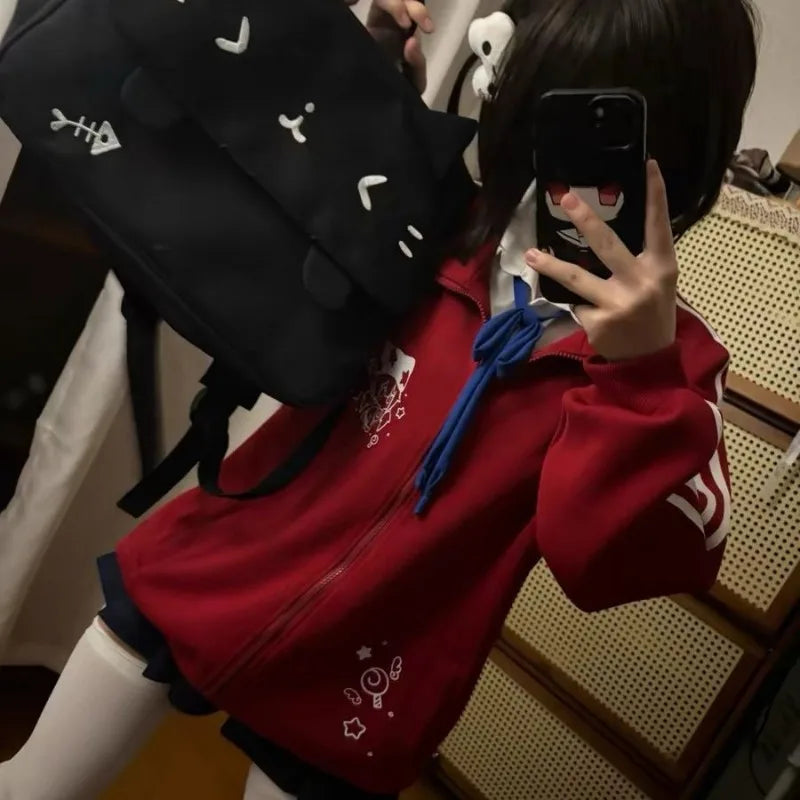 Women's Black Cotton Stand-Collar Zip-Up Jacket
