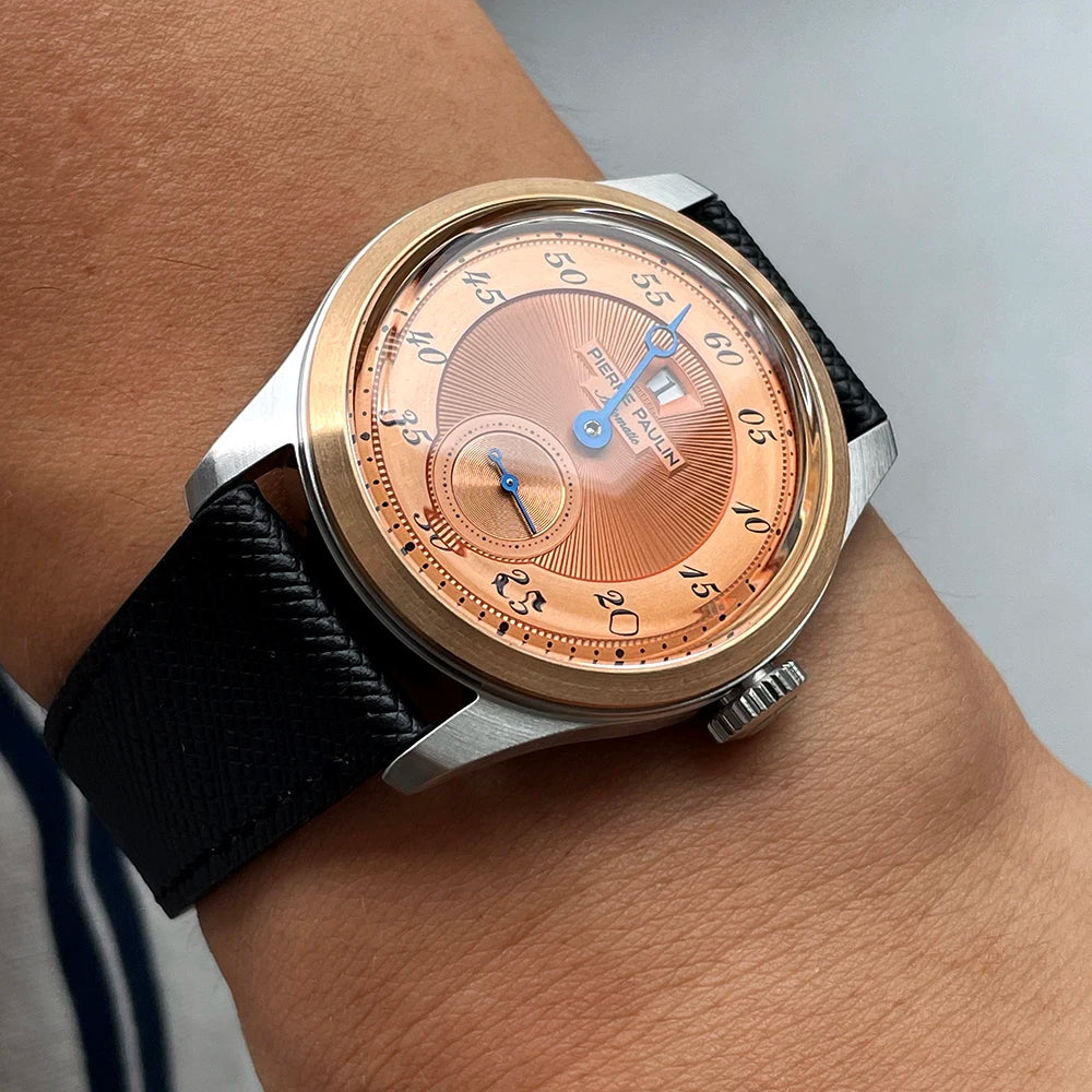 Pierre Paulin Jumping Hour Watch for Men Bronze Ring Vintage Salmon Dial Automatic Watches Reloj Hombre