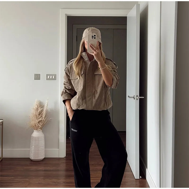 Brown Retro Suede Lapel Zippered Short Jackets Women's Casual Full Sleeves Pocket Loose Coats 2026 Spring Daily Commute Outwear
