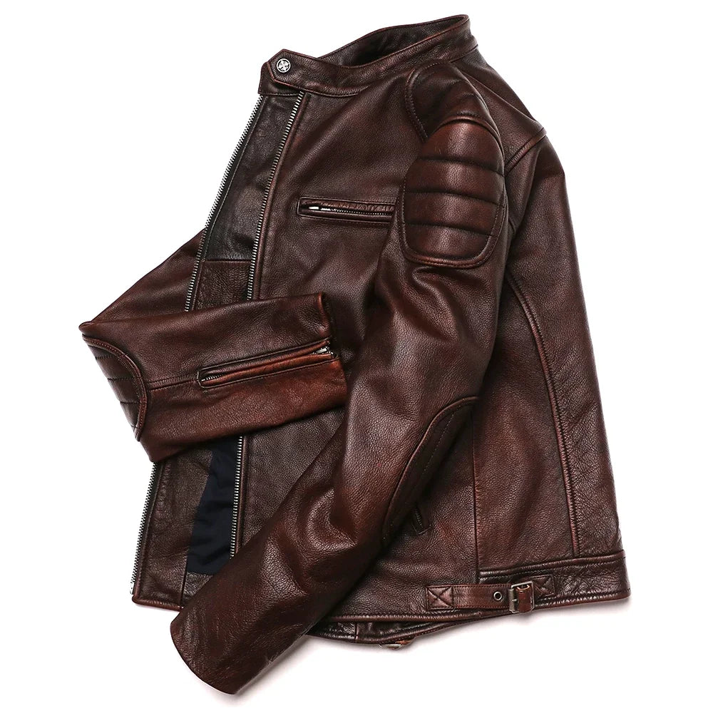 2025 Vintage Brown Genuine Leather Jacket Real Natural Cowhide Men Motorcycle Biker Coat Mens Slim Calf Skin Coat