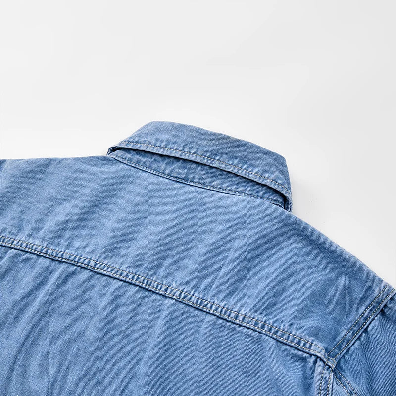 Heavy duty washed denim jacket for men vintage blue lapel long sleeved shirt style jacket casual and loose outer wear