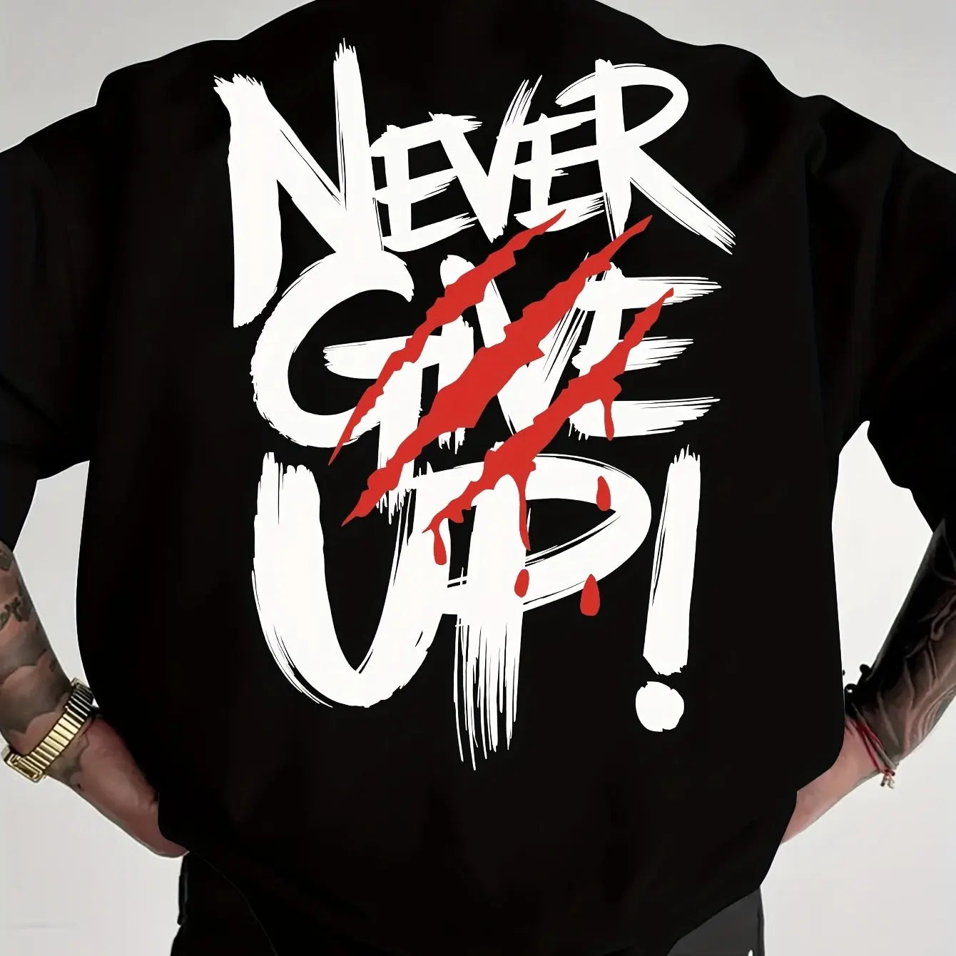 Men's "Never Give Up" 100% Pure Cotton Graphic Tee - Loose Fit