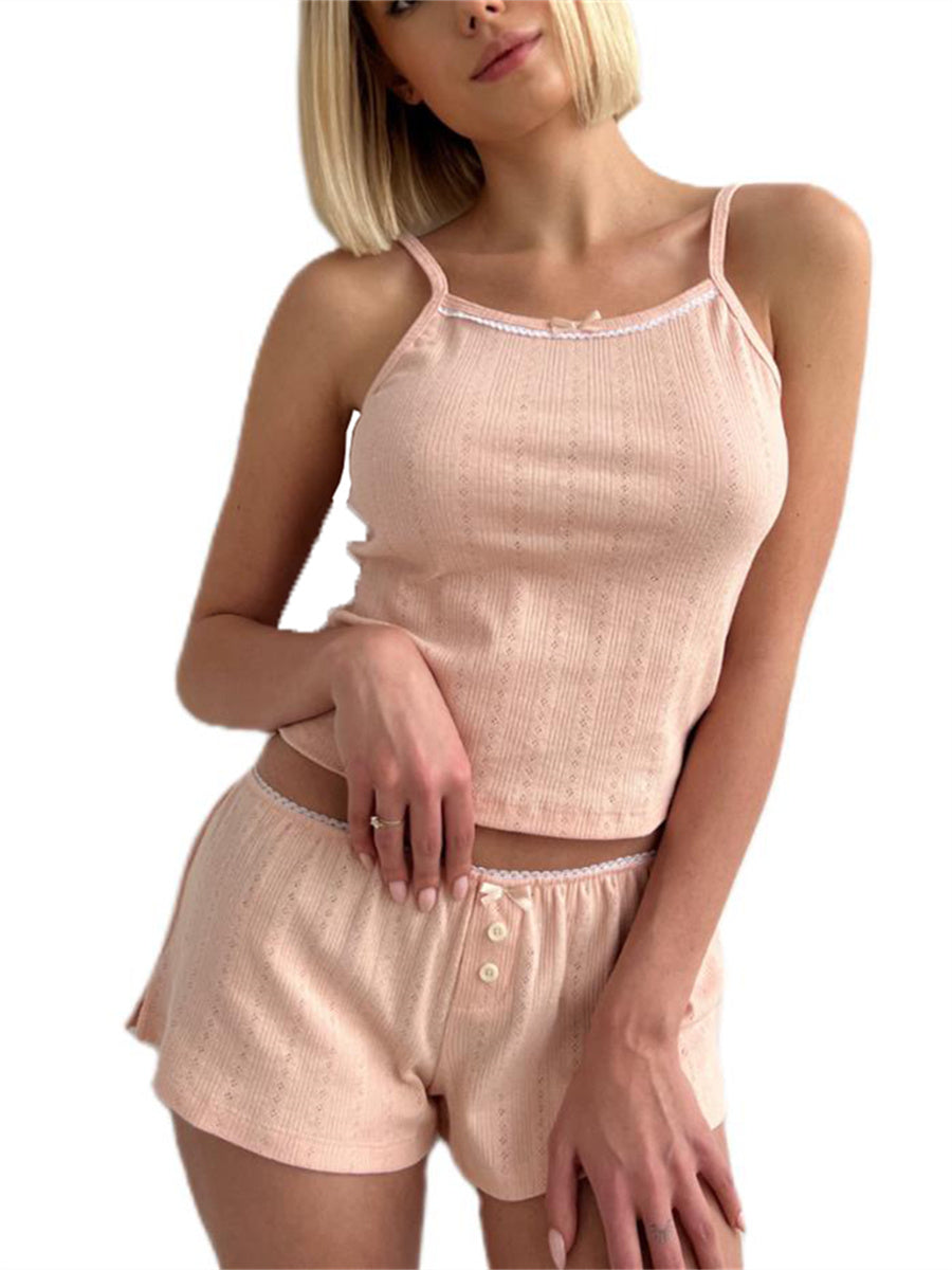 Fairy Kawaii Women Outfits 2 Pcs Sets y2k Aesthetic Spaghetti Strap Sleeveless Crop Top Button Short 2000s Matching Homewear