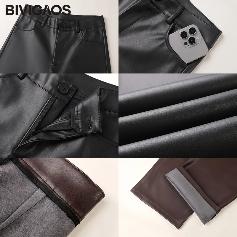 Women's High Waist Faux Leather Wide Leg Fleece Pants