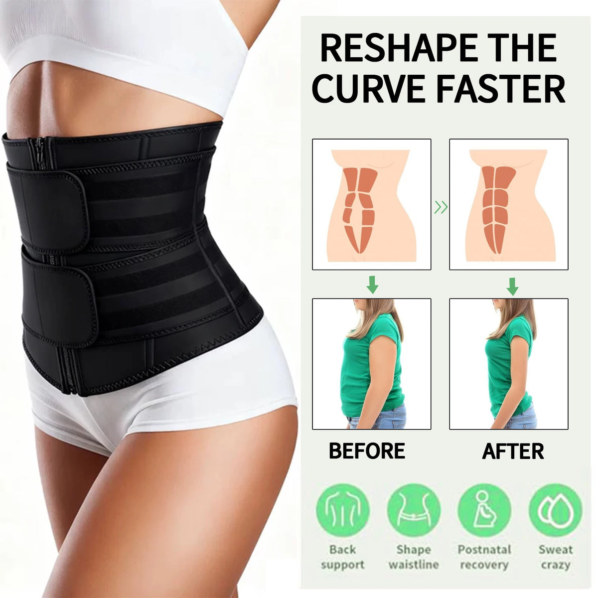 Double Belt Neoprene Waist Trainer – Adjustable Zip-Up Workout Cincher for Women