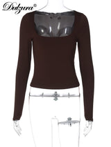 Autumn Slim-Fit Square Collar Long Sleeve T-Shirt | Women's Chic Casual Streetwear