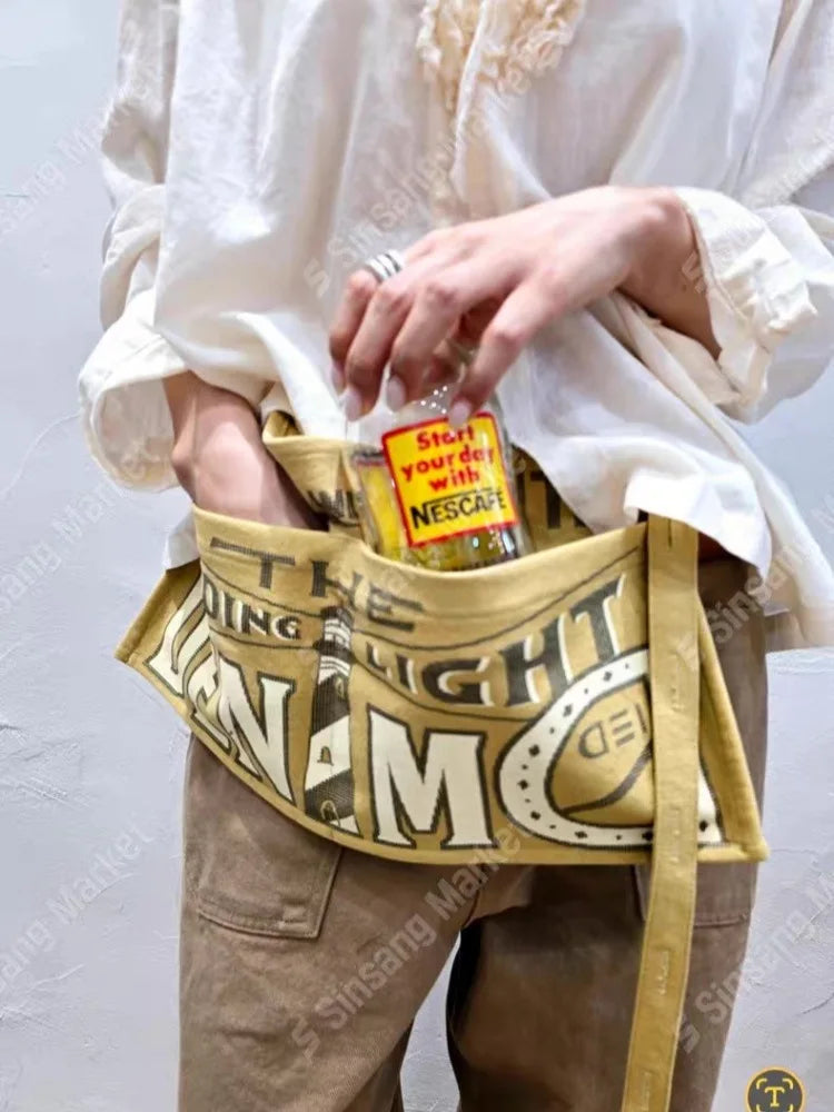 Vintage Letter Print Canvas Waist Bag for Women Multifunctional Crossbody Bag, Casual Apron Chest Bag, Streetwear Fanny Pack