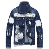 Men Graffiti Denim Jacket Casual Letters Printed Stretch Blue Jean Coat Slim Fit Lapel Collar Long Sleeve Outerwear