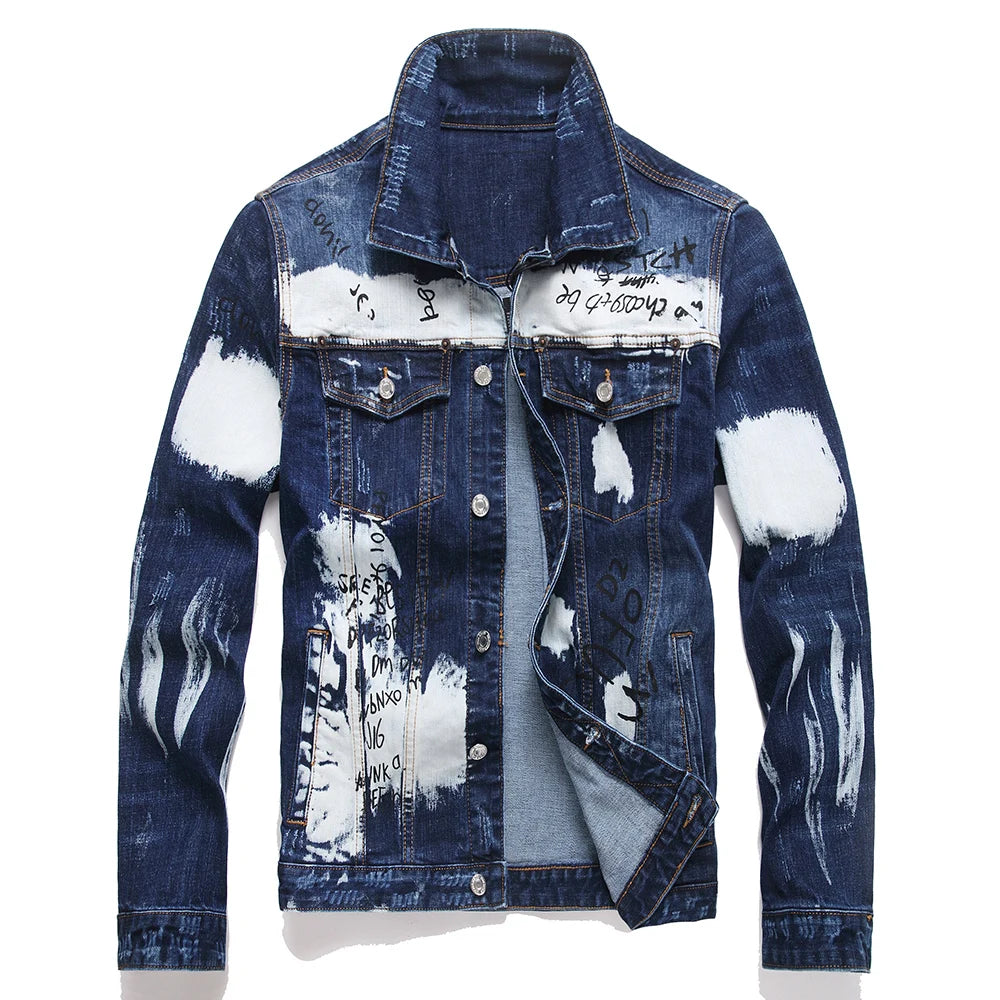 Men Graffiti Denim Jacket Casual Letters Printed Stretch Blue Jean Coat Slim Fit Lapel Collar Long Sleeve Outerwear