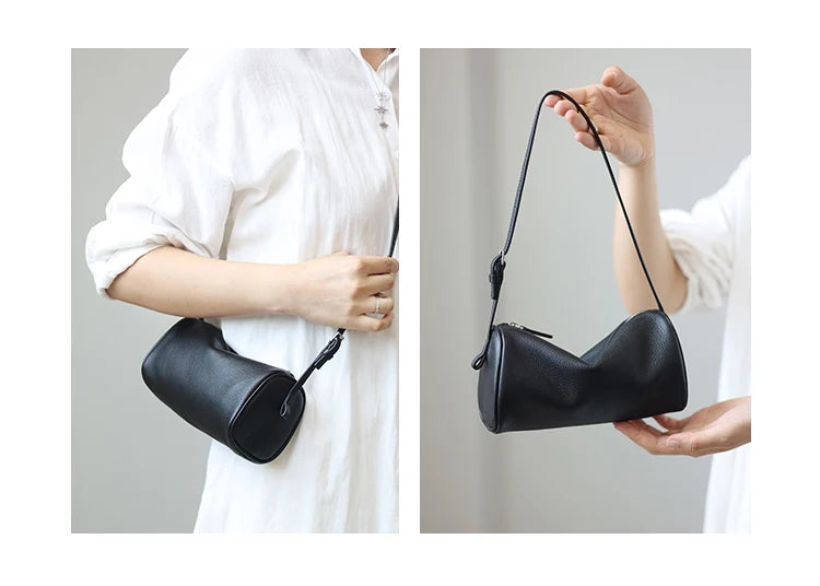 Full Grain Leather Soft Balck Small Size Crossbody Bags For Women Luxury Adjustable Shoulder Strap Underarm Bag Portable Handbag