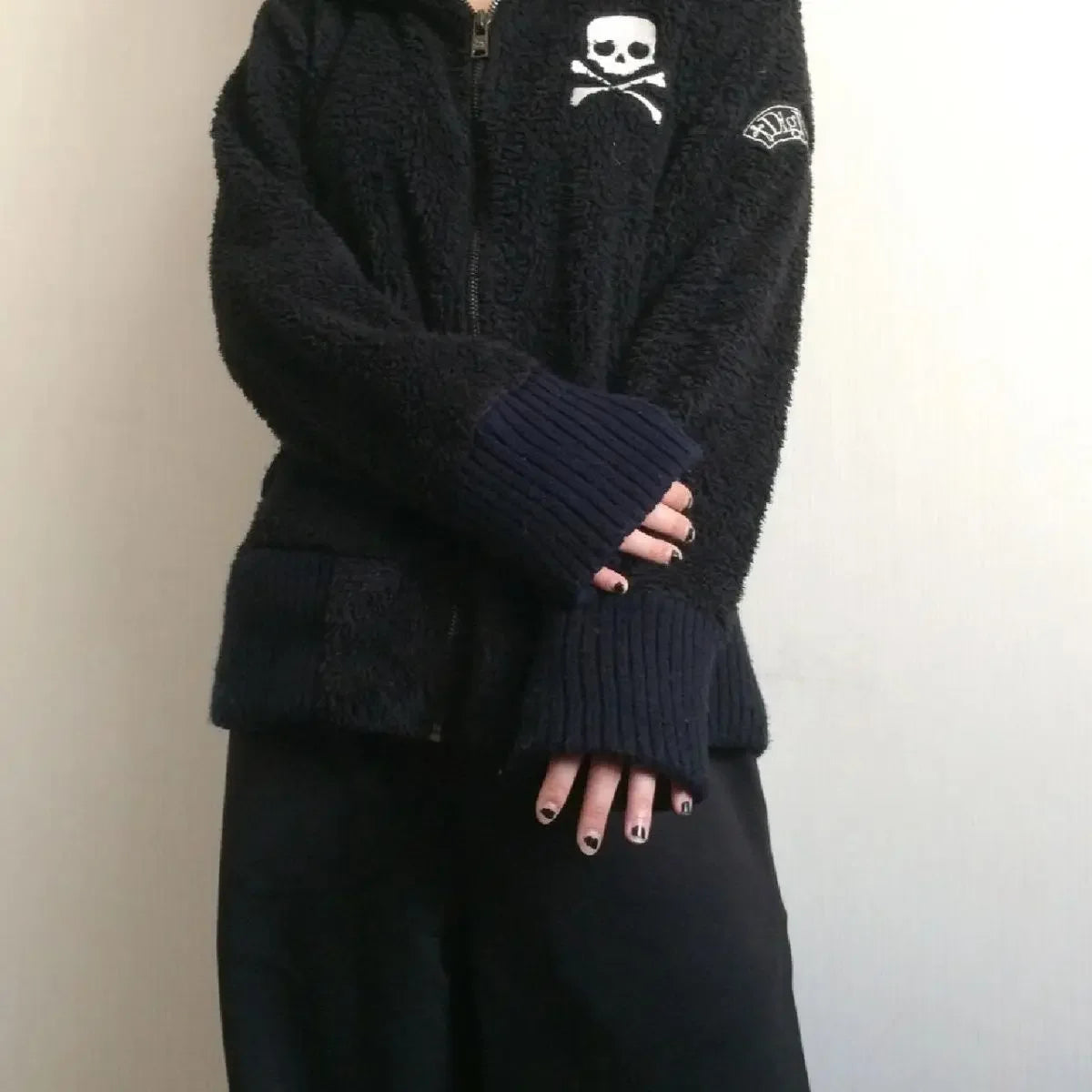 Y2k Lamb Wool Jackets Women Gothic Hoodies Cross Skull Grunge Zipper Sweatshirts Vintage Casual Hooded Coats Harajuku Streetwear