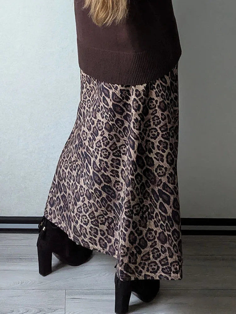 Leopard Print Suede Maxi Skirt – Women's Autumn Winter