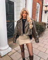 2025New Coal graysty le Women's washed leather jacket with belt, short coat with downgraded zipper and vintage lapel jacket