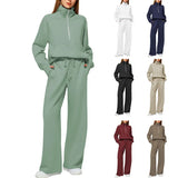 Woman Solid Color Half Zip Long Sleeve Sweatshirt and Wide Leg Pants Set Casual Sporty Two Piece Outfit