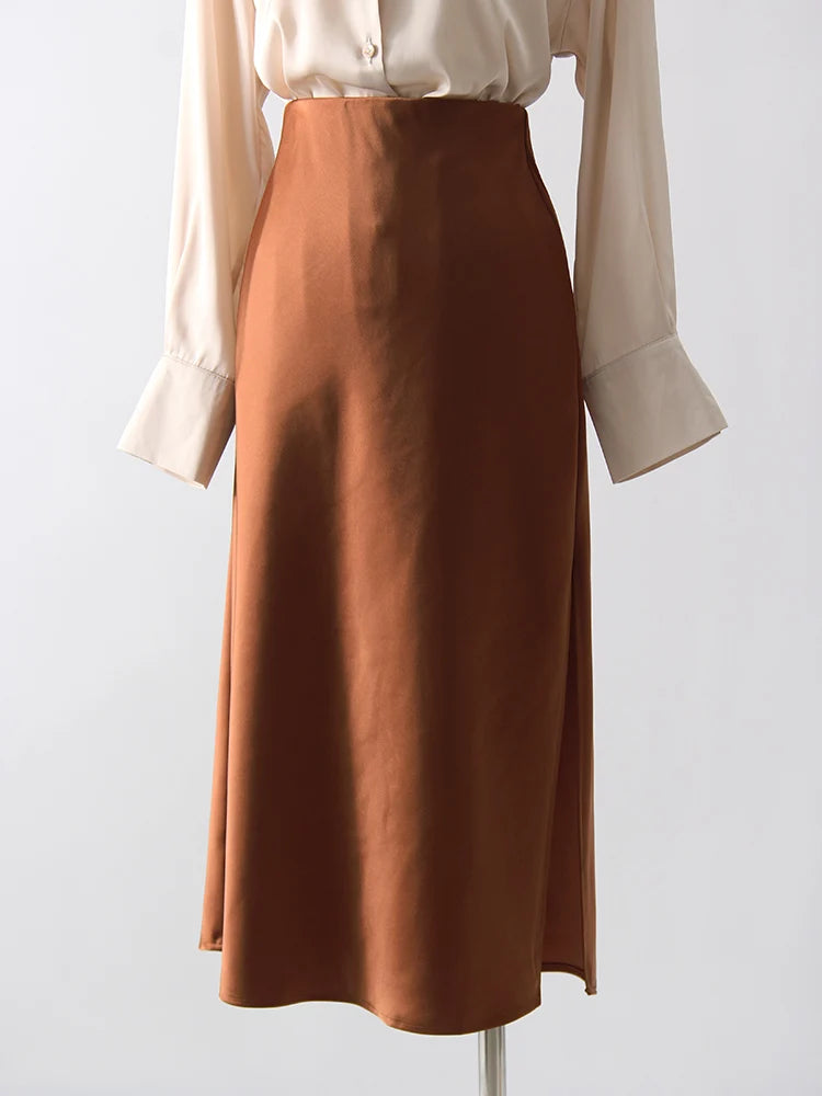 Women's Satin Midi Skirt – Elegant A-Line with Slit