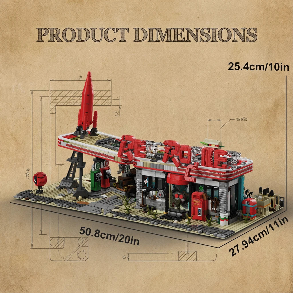 Movie Game Red Abandoned Gas Station Architecture Doomsday House Modular Building Blocks Model Kit Adult DIY Gift 2221PCS