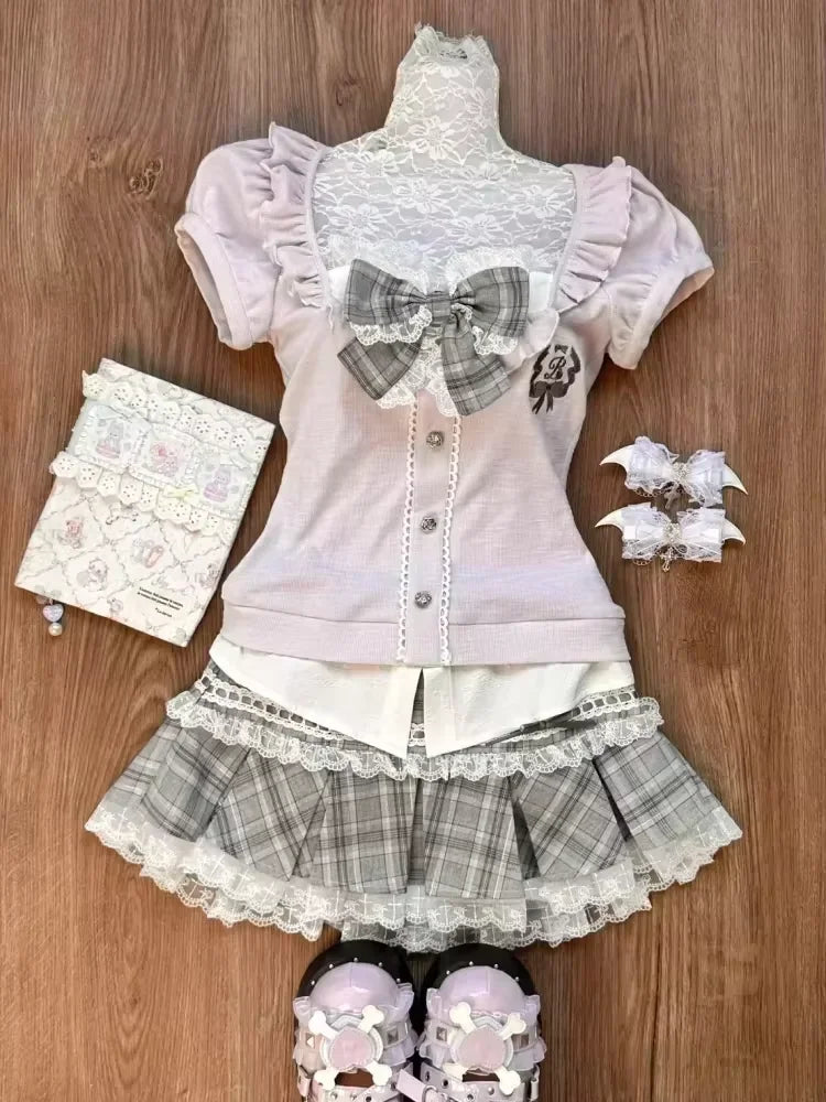 Sweet Lolita Lace Up Ruffles Cardigan+ Sexy Slim Fit Strapless Vest Tops+ High Waist Ruched Skirts Early Autumn Three Piece Sets