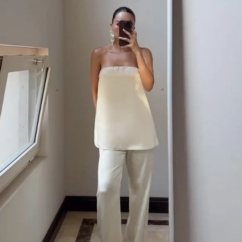 HXAO 2025 Off White Satin Pant Sets Women's Suit Off Shoulder Strapless Top Vest Set 2 Piece Woman Chic High Waist Trousers Sets
