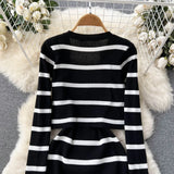 Korean Sweet Hit Color Patchwork Striped Spaghetti Strap Dress and V Neck Long Sleeve Cardigans 2 Pieces Sets