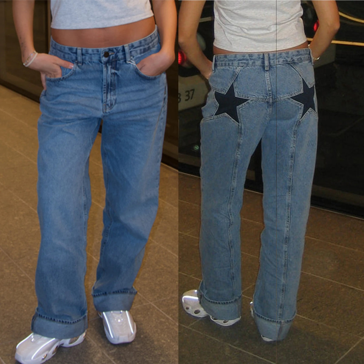 Women's Y2K Star Print Low-Rise Straight-Leg Jeans