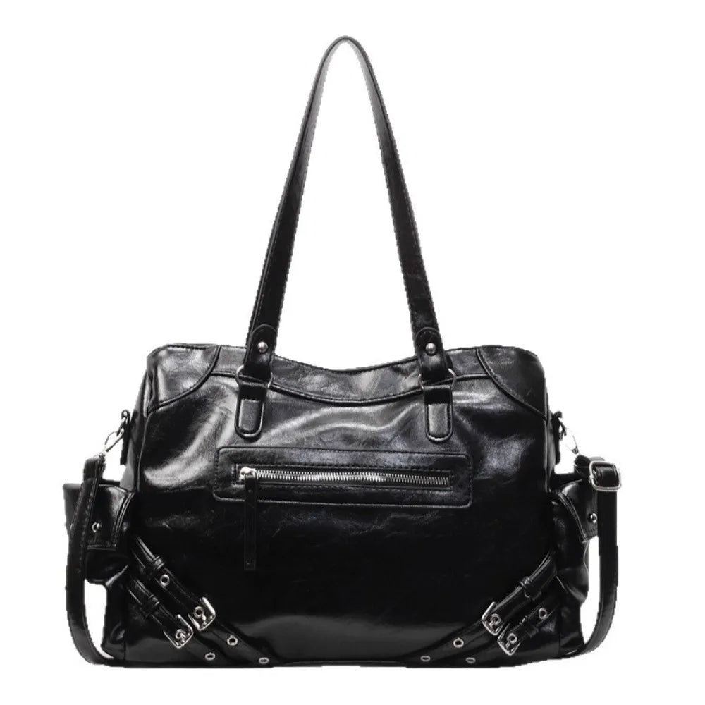 New Large Capacity PU Leather Tote Bag Y2K Style Zipper Closure Shoulder Bag Soft Interior Handbag Women Fashion
