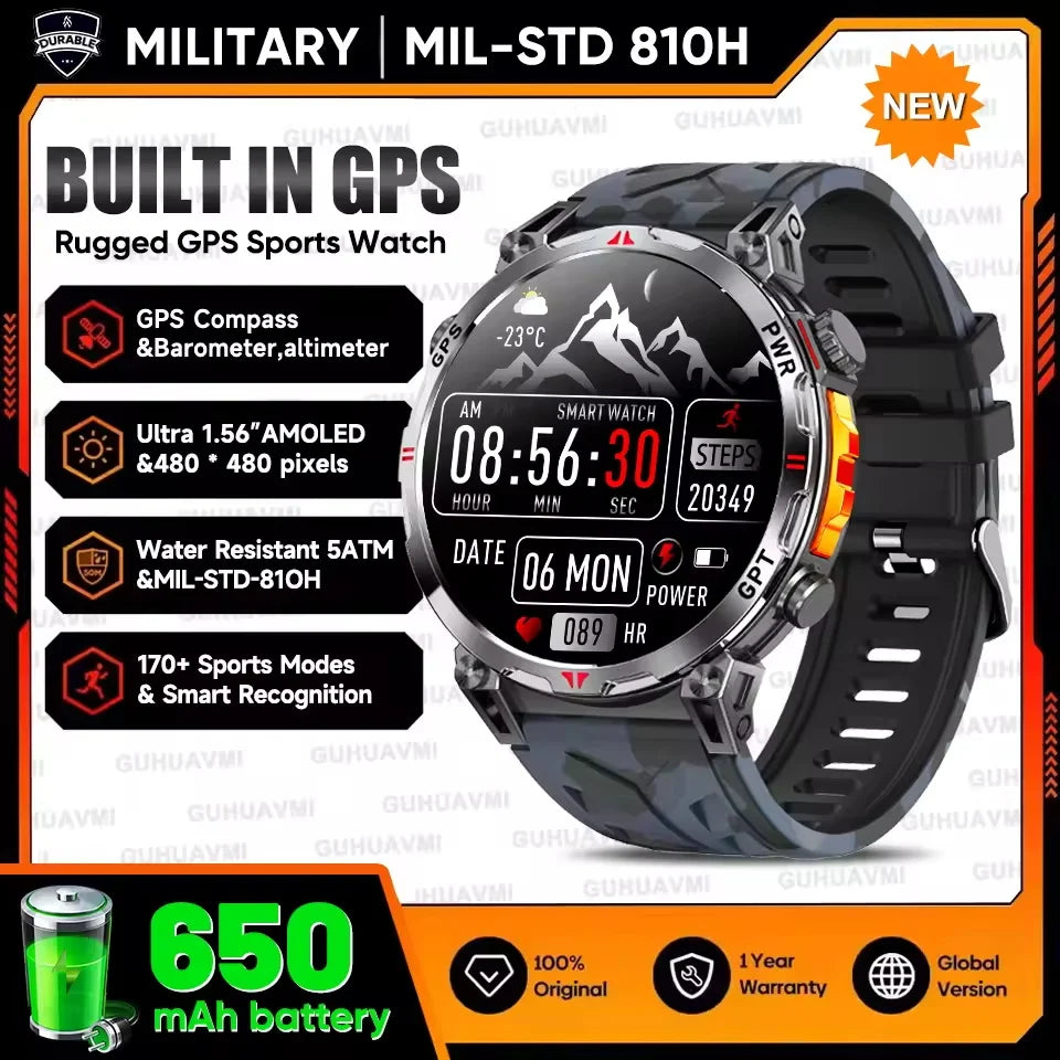 New Upgrade GPS Outdoor Sports SmartWatch Men With 5ATM Swim Compass Altimeter 1.56" AMOLED Heart Rate Bluetooth Call Smartwatch