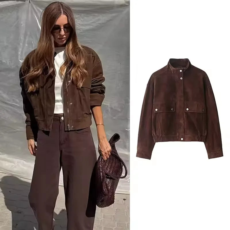 Women Suede Leather Jacket with Pockets Autumn Fashion High Collar Long Sleeve Button Jacket Lady Coats Causal Female Chic Tops