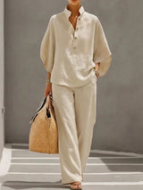 Fashion Cotton Linen  Pant Set  Women's Casual Stand Collar Button Top Wide Leg Trousers 2-piece Set Retro Female Office Suit