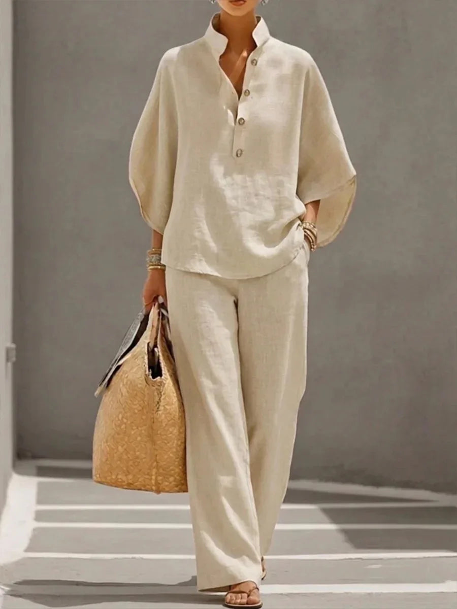 Fashion Cotton Linen  Pant Set  Women's Casual Stand Collar Button Top Wide Leg Trousers 2-piece Set Retro Female Office Suit