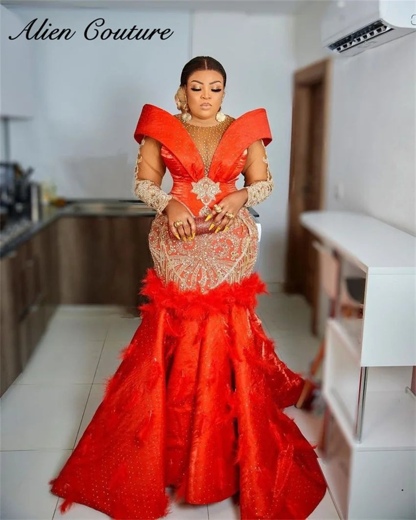 Mermaid Evening Gown | Crystals, Feathers & Beading