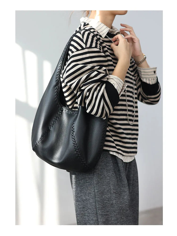 JAZZQ Soft Cowhide Leather Hobo Tote | Hand-Woven Detail