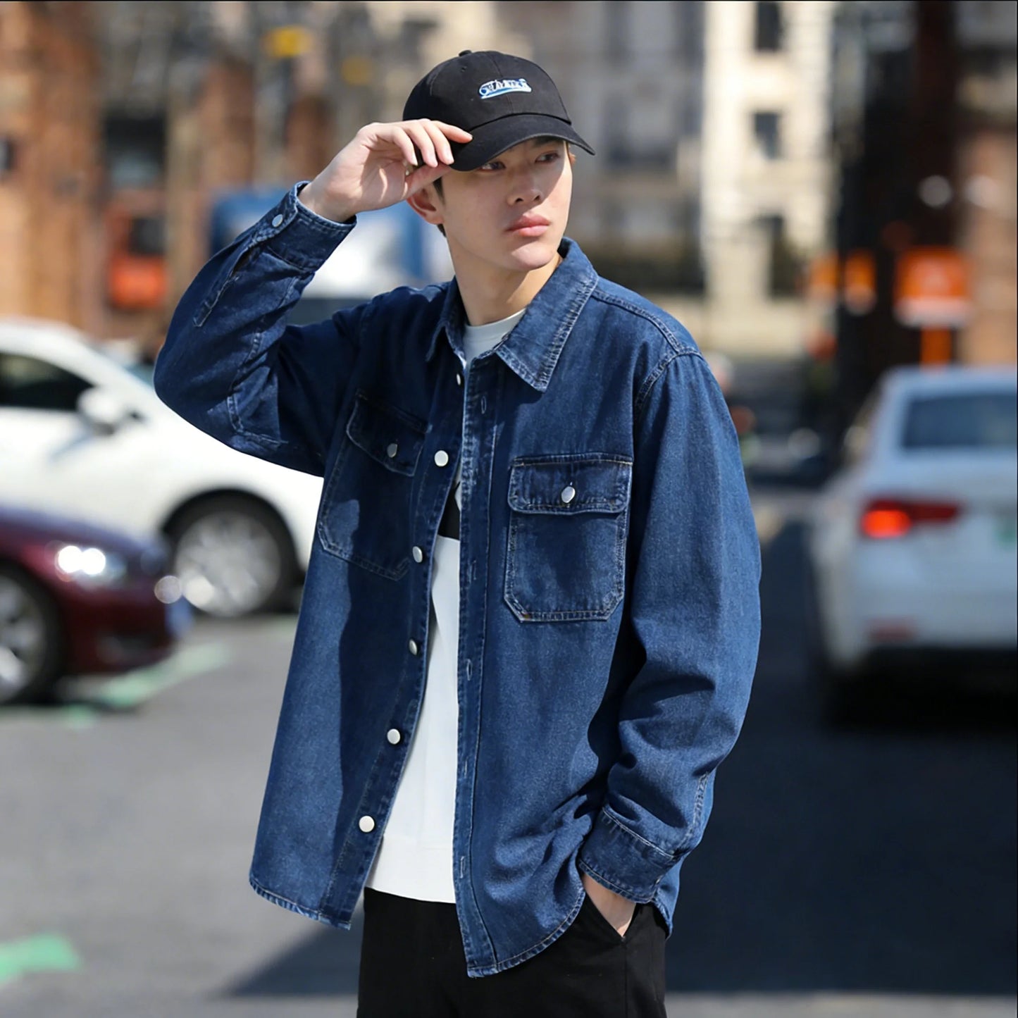 Retro Japanese Style Long Sleeve Denim Jacket Washed out Casual Workwear Versatile Spring Autumn Denim Shirt