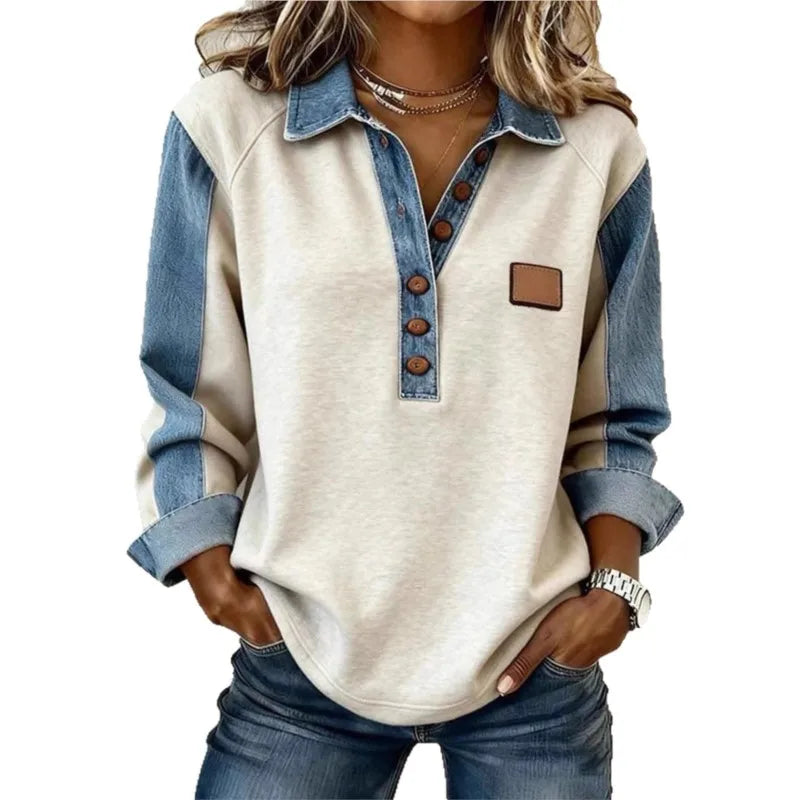 Spring Retro Contrast Color Women Sweatshirt Elegant Turn-down Collar Button Tops Pullover Autumn Long Sleeve Loose Top