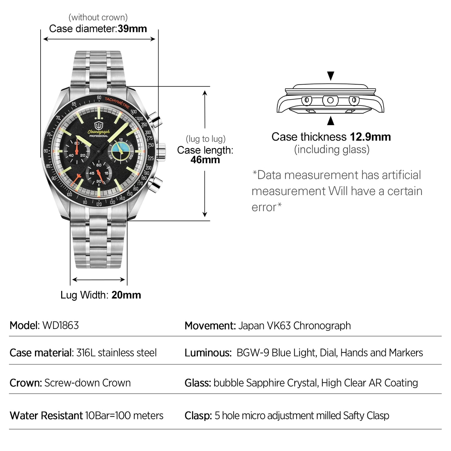 Watchdives WD1863 New Multifunctional Quartz Watch Black VK63 Sports Chronograph Watch Bubble Sapphire Waterproof 100 Wristwatch