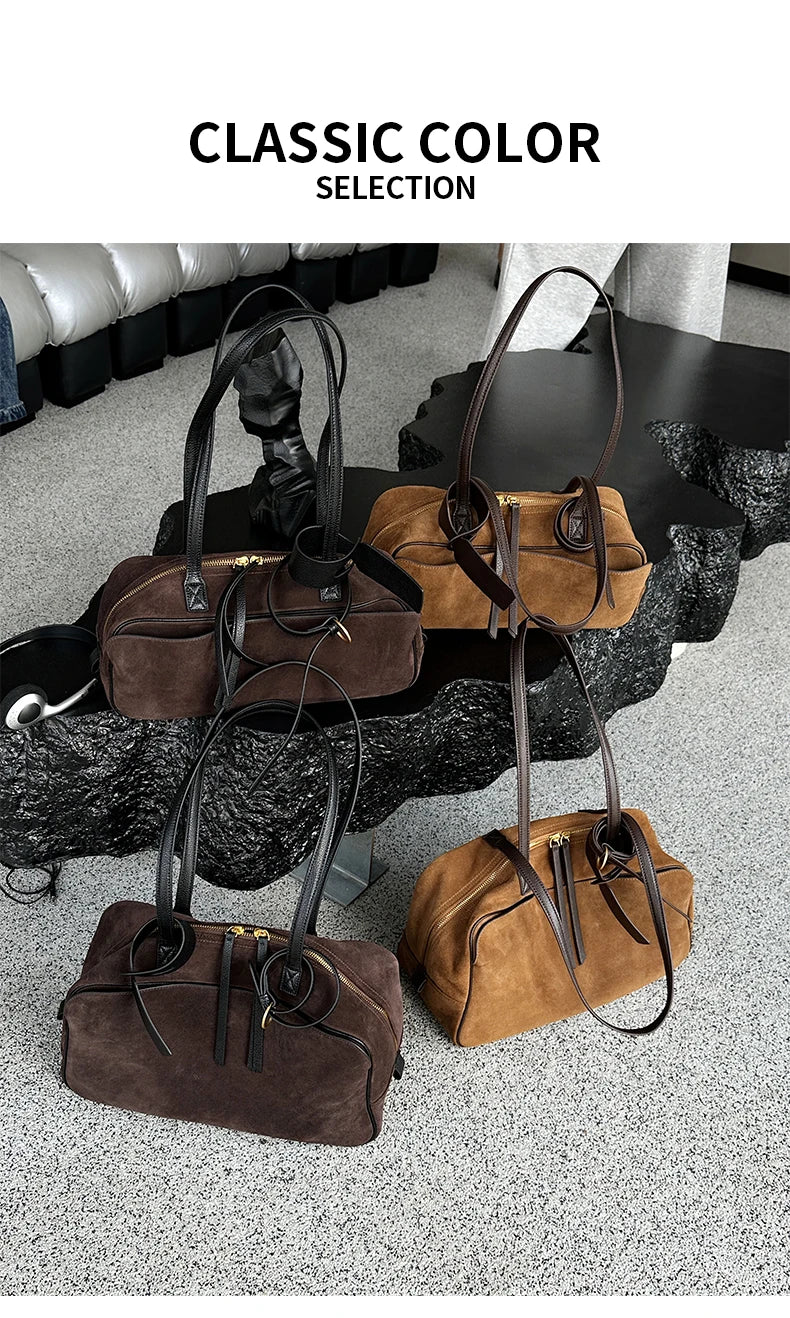 Ladies Casual Soft Suede Cowhide Handbags Women's Frosted Cow Leather Shoulder Bag Female Fashion Trend Luxury Designer Bags New