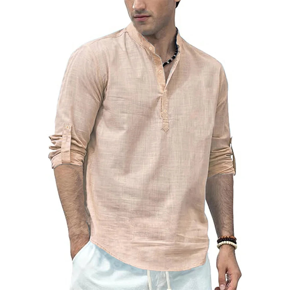 Men's Cotton Linen Long Sleeve Polo Shirt