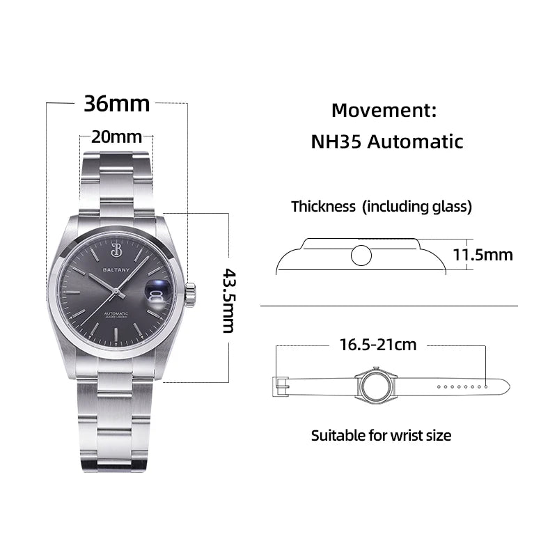 Baltany 36mm Perpetual Date Watch S4095 Sunray Dial 100M Waterproof Stainless Steel Bracelet NH35 Luxury Automatic Watch for Men